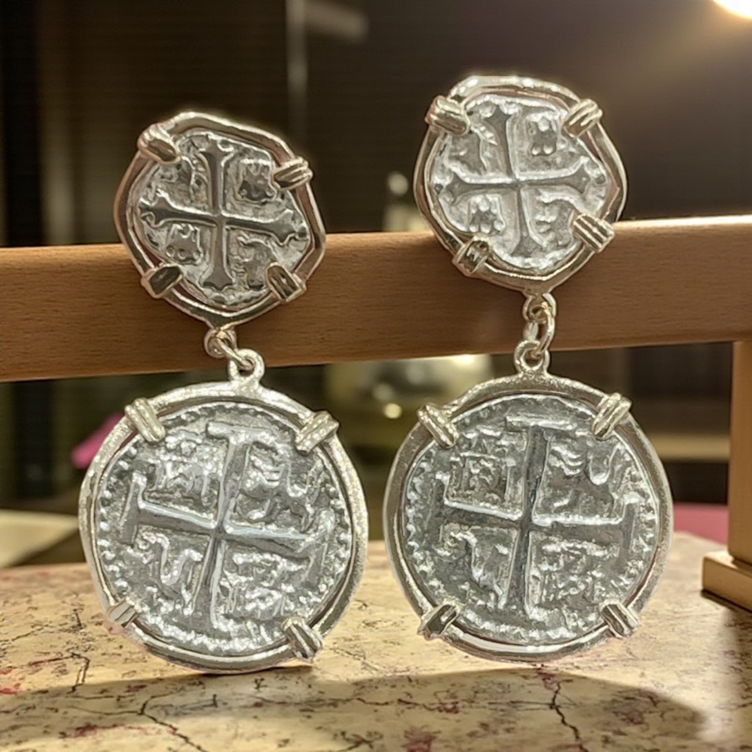 ATOCHA SILVER COIN STUD DANGLE EARRINGS IN 14k GOLD BEZEL