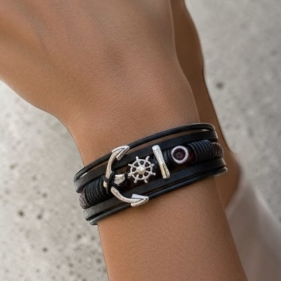 Stainless Steel Magnetic Clasp Leather Bracelet Woven Bangle Nautical Compass Anchor Braided Multi-layer Men's Bracelet