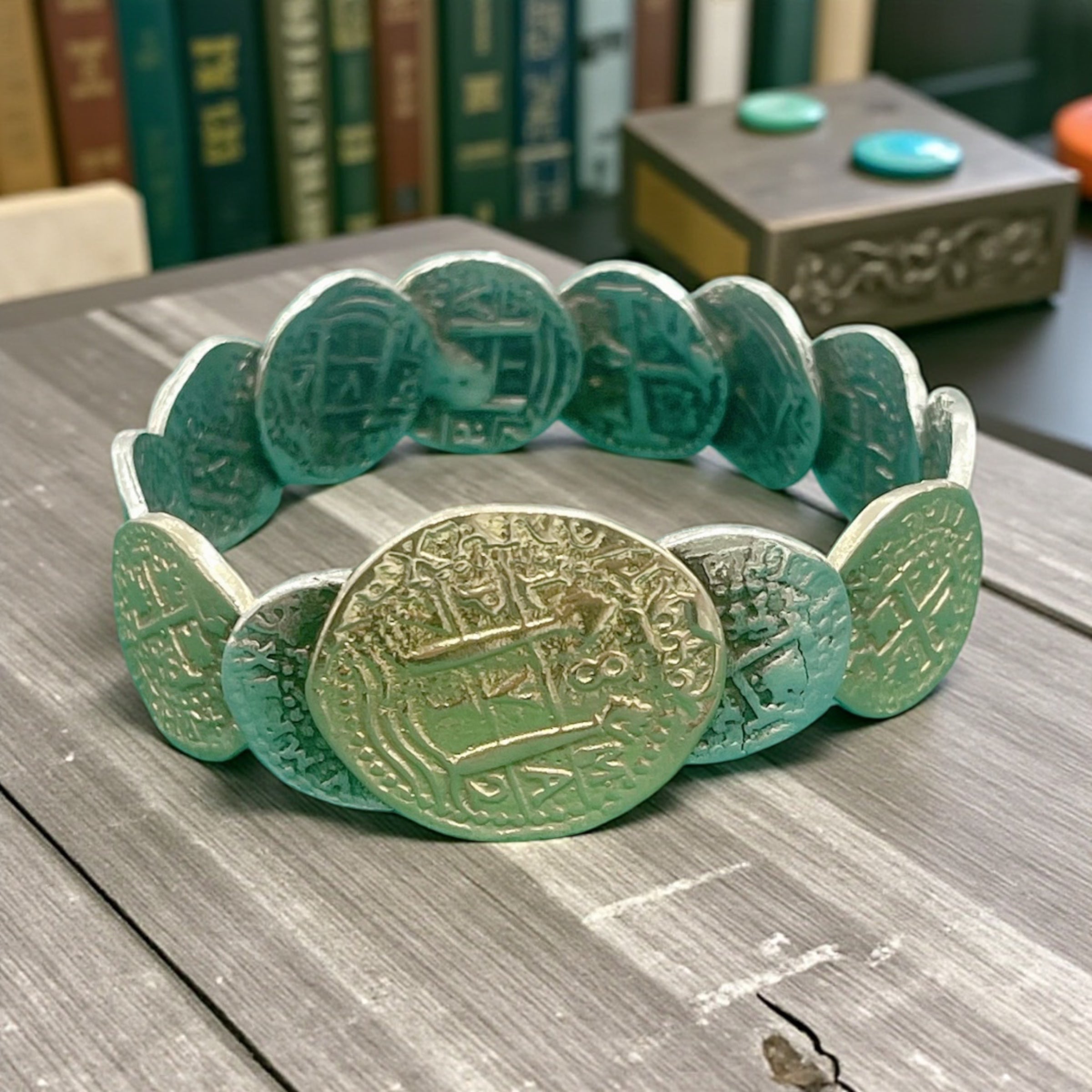 ATOCHA SOLID SILVER AND 14K SOLID REAL GOLD COIN BANGLE