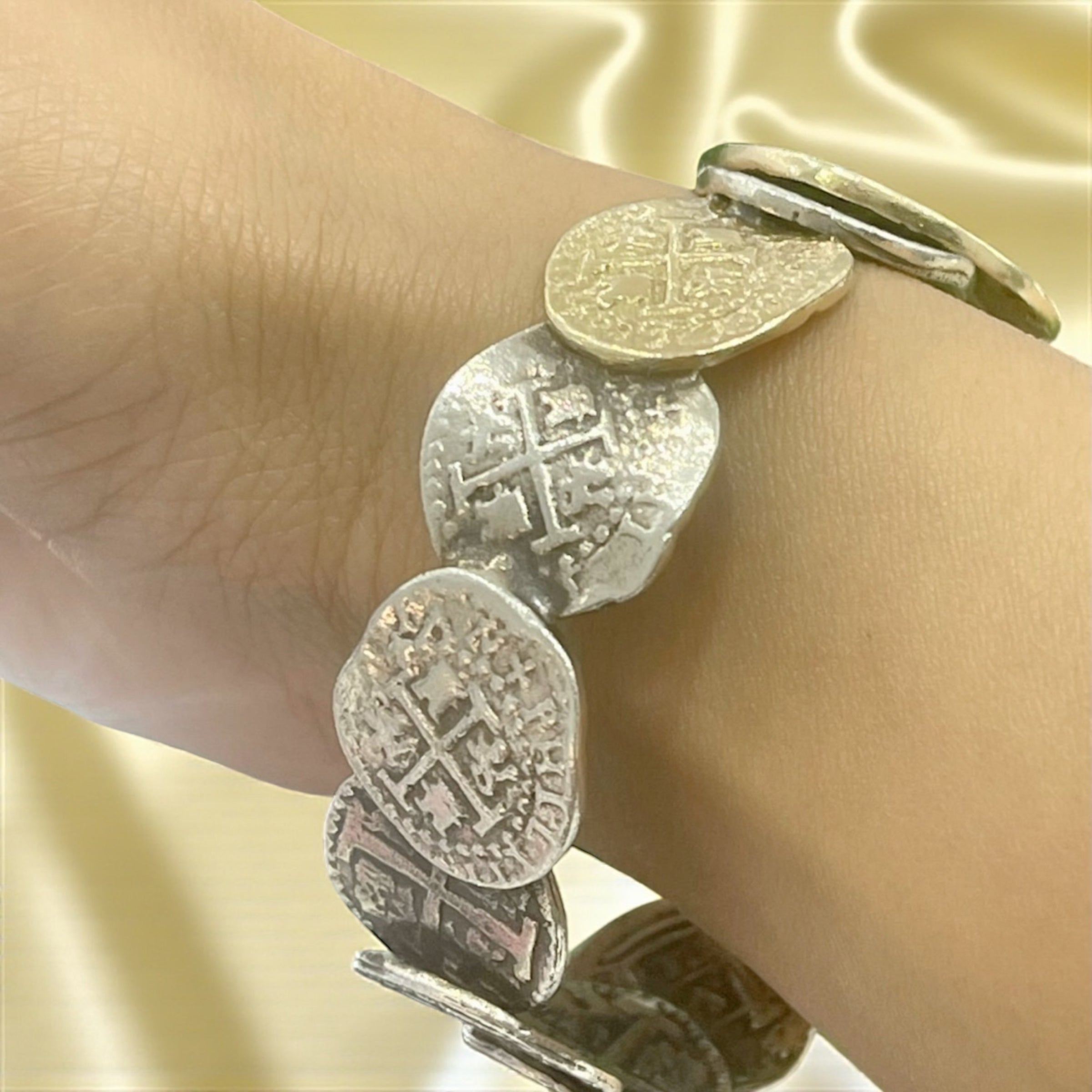 ATOCHA SOLID SILVER AND 14K SOLID REAL GOLD COIN BANGLE