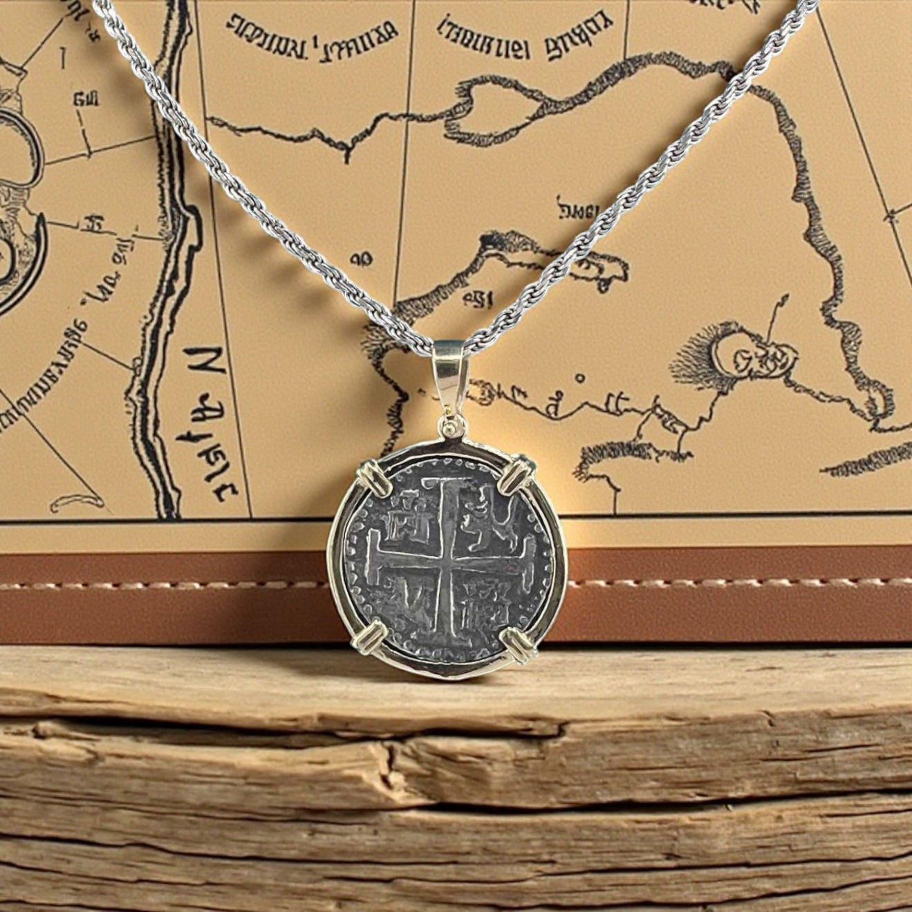 NUESTRA SENORA DE ATOCHA  SILVER COIN PENDANT IN 14KT GOLD BEZEL