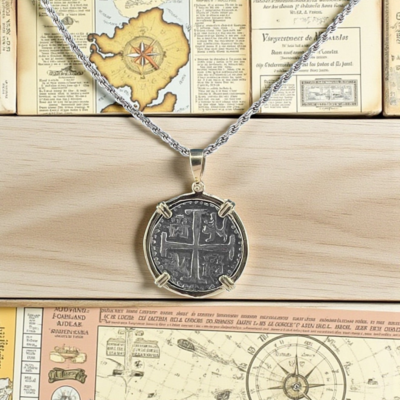 NUESTRA SENORA DE ATOCHA  SILVER COIN PENDANT IN 14KT GOLD BEZEL