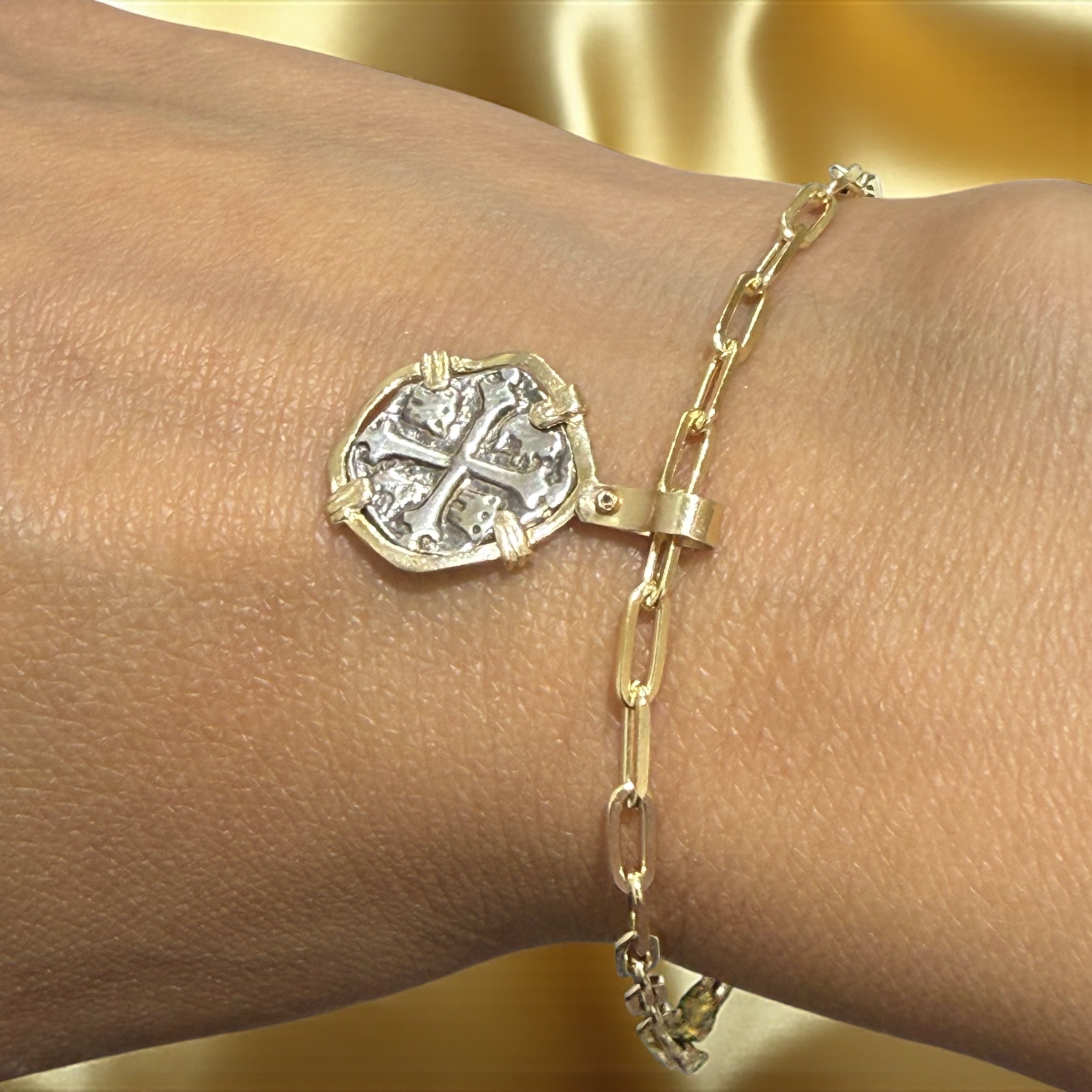 Atocha mini coin in 14k gold bezel charm bracelet set in 925 silver paper clip bracelet 1.9mm