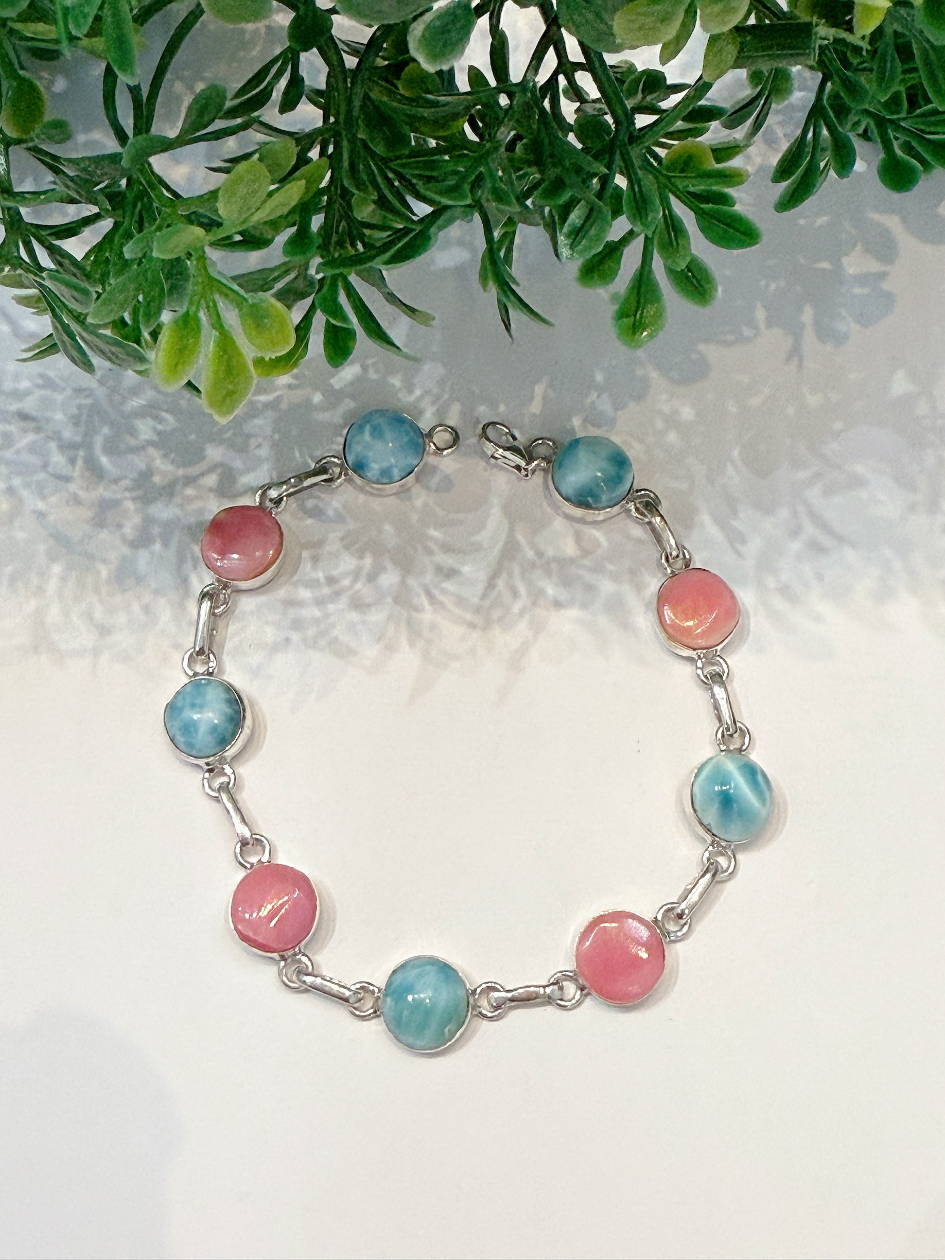 Handmade Blue and Pink Round Larimar Bracelet 7” long