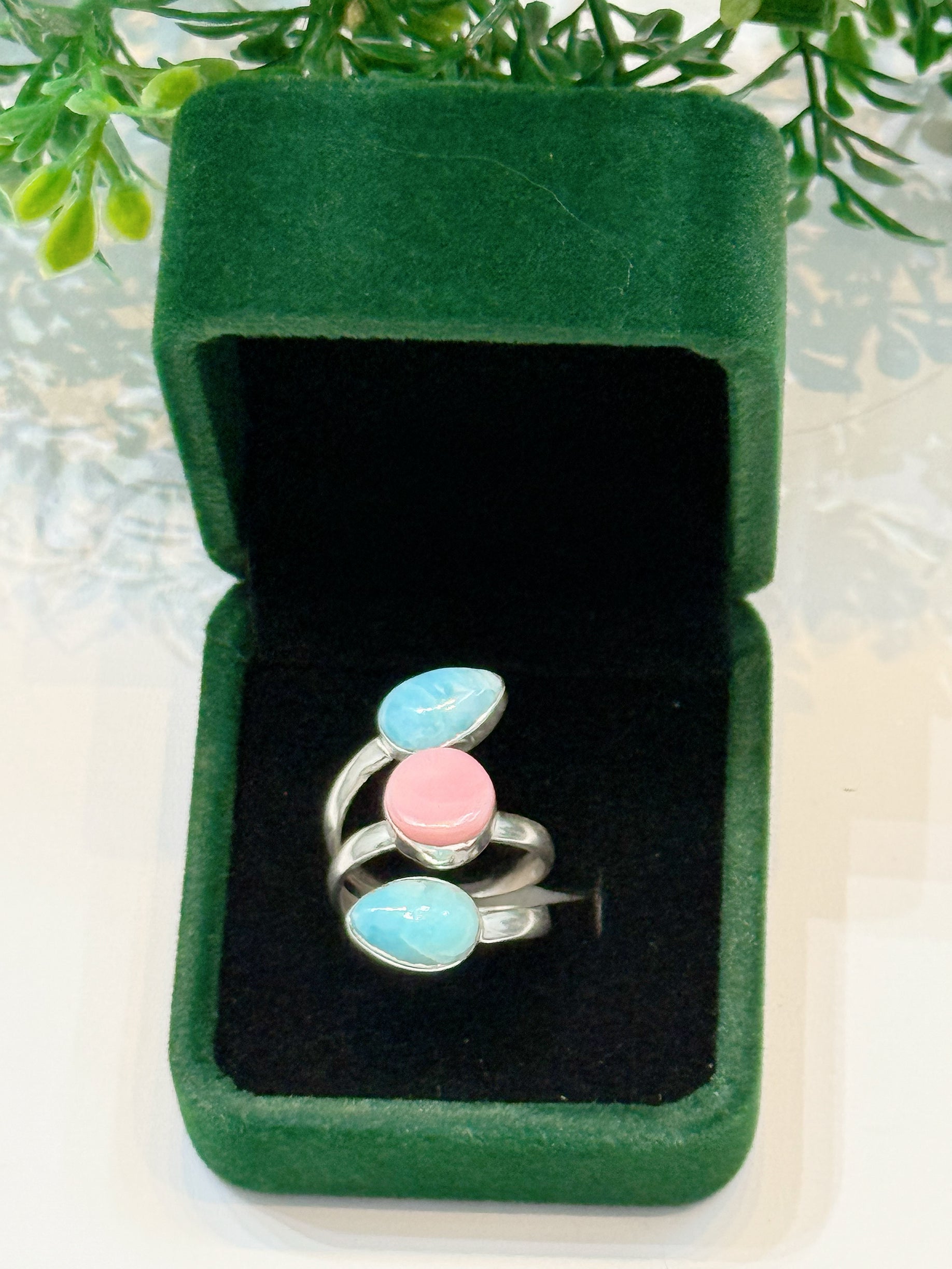 Handmade Pink and Blue Larimar adjustable ring