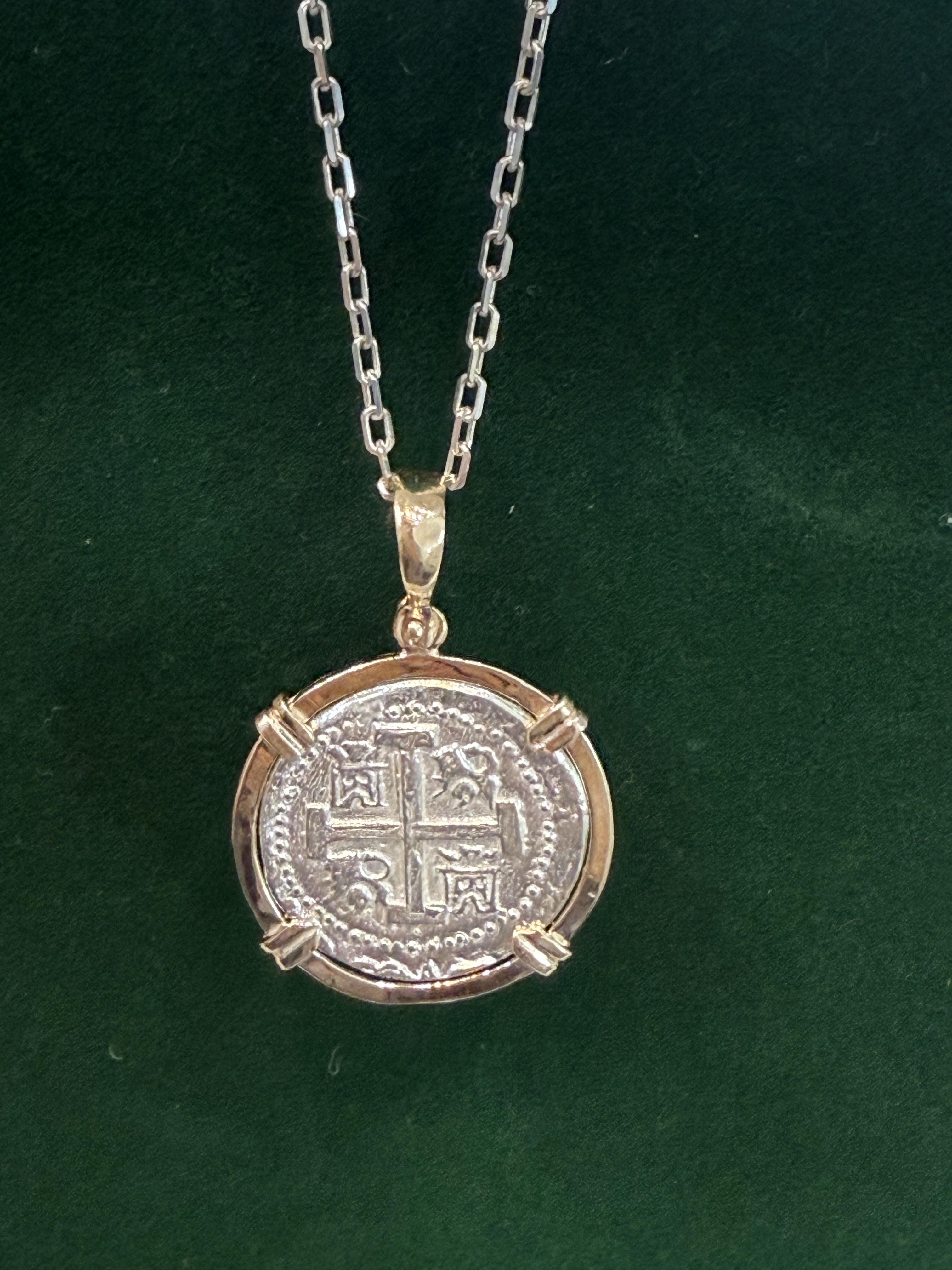 ATOCHA SHIPWRECK SILVER COIN PENDANT IN 14KT SOLID REAL GOLD BEZEL