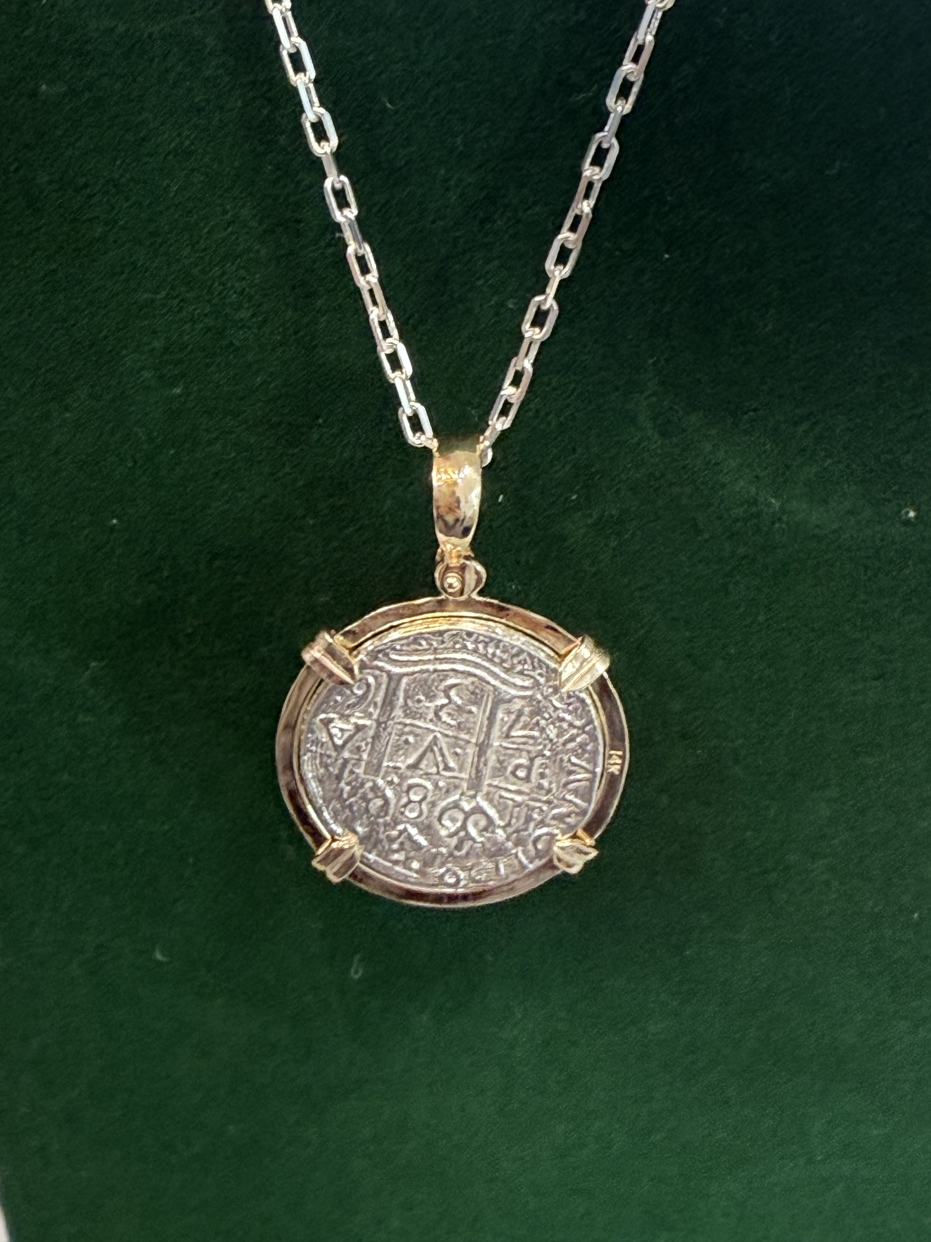 ATOCHA SHIPWRECK SILVER COIN PENDANT IN 14KT SOLID REAL GOLD BEZEL