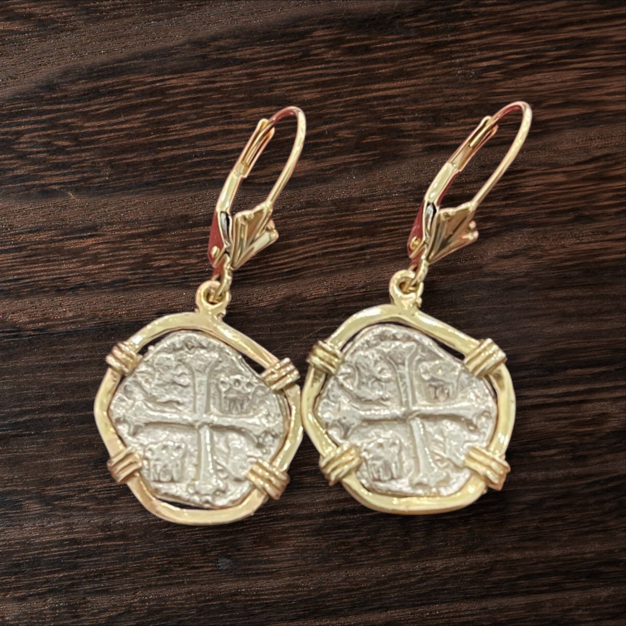 NUESTRA SENORA DE ATOCHA MINI SILVER COIN EARRINGS IN 14k GOLD BEZEL