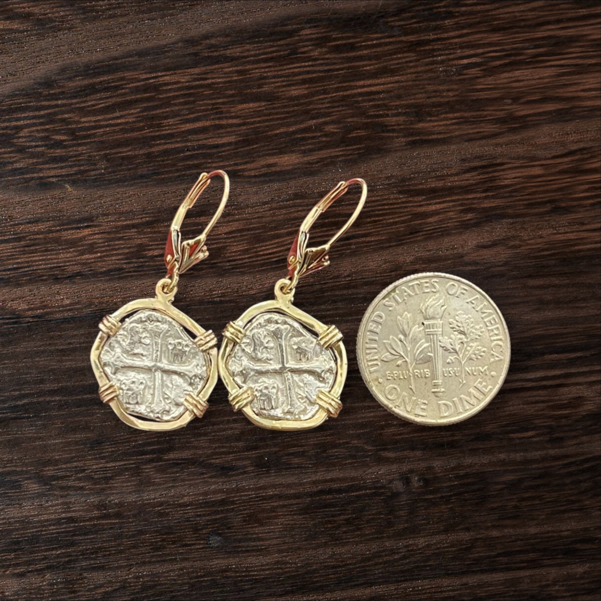 NUESTRA SENORA DE ATOCHA MINI SILVER COIN EARRINGS IN 14k GOLD BEZEL