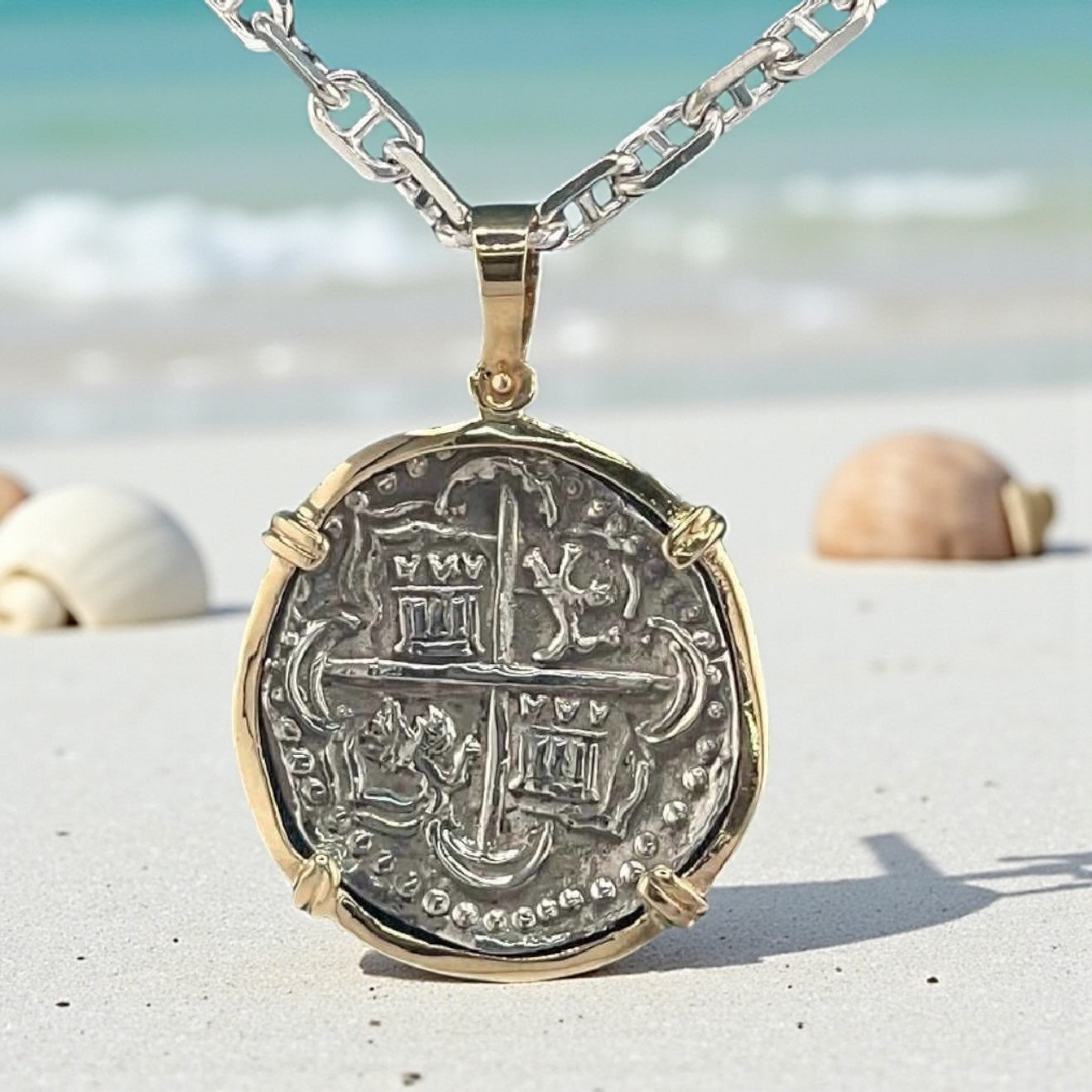 NUESTRA SENORA DE ATOCHA SOLID SILVER COIN PENDANT IN 14KT SOLID GOLD BEZEL