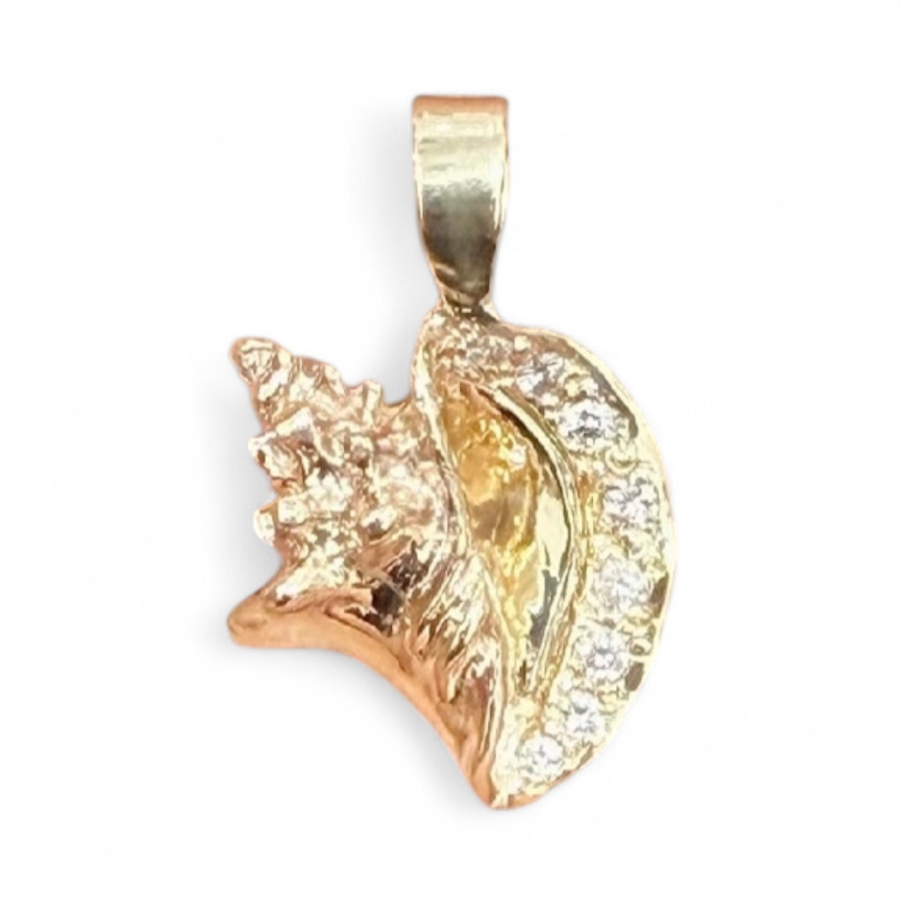 14K REAL SOLID GOLD HANDMADE CONCH SHELL PENDANT SET IN NATURAL DIAMOND