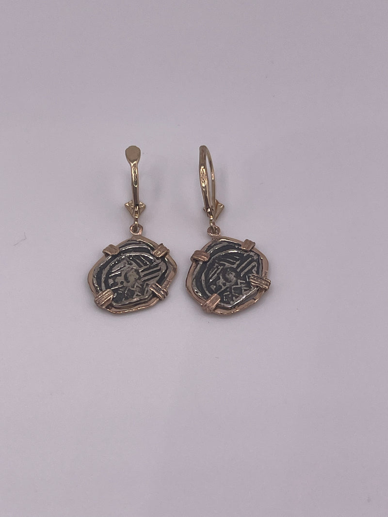 NUESTRA SENORA DE ATOCHA MINI SILVER COIN EARRINGS IN 14k GOLD BEZEL