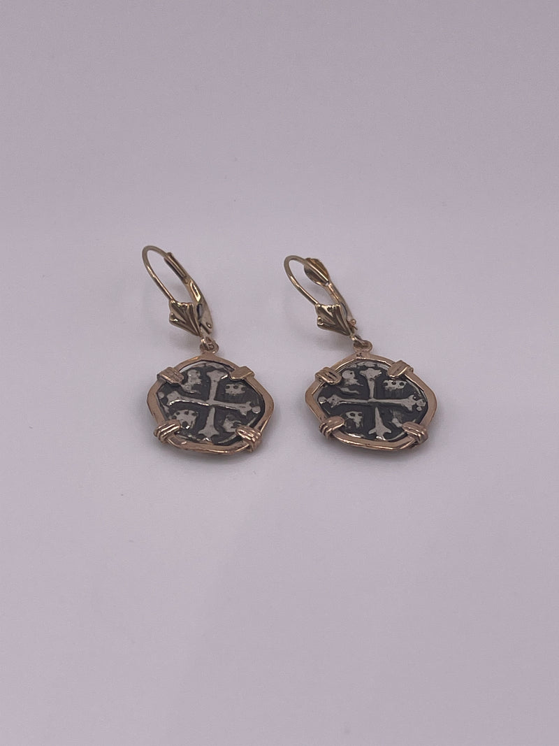 NUESTRA SENORA DE ATOCHA MINI SILVER COIN EARRINGS IN 14k GOLD BEZEL