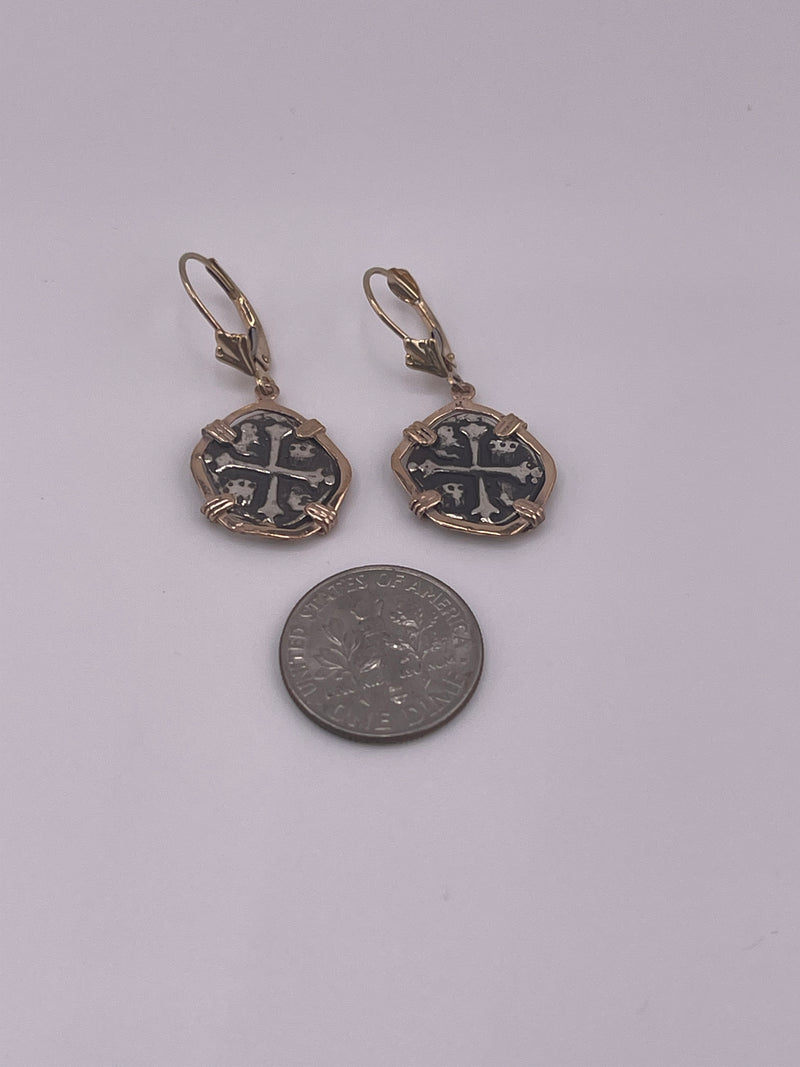 NUESTRA SENORA DE ATOCHA MINI SILVER COIN EARRINGS IN 14k GOLD BEZEL