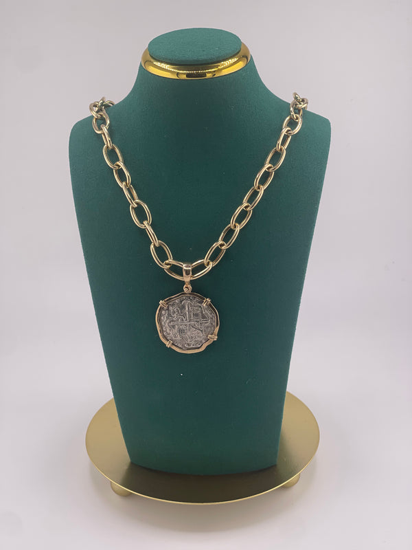 NUESTRA SENORA DE ATOCHA SILVER COIN PENDANT IN 14KT SOLID GOLD BEZEL WITH 14K REAL GOLD CHAIN 18” LONG