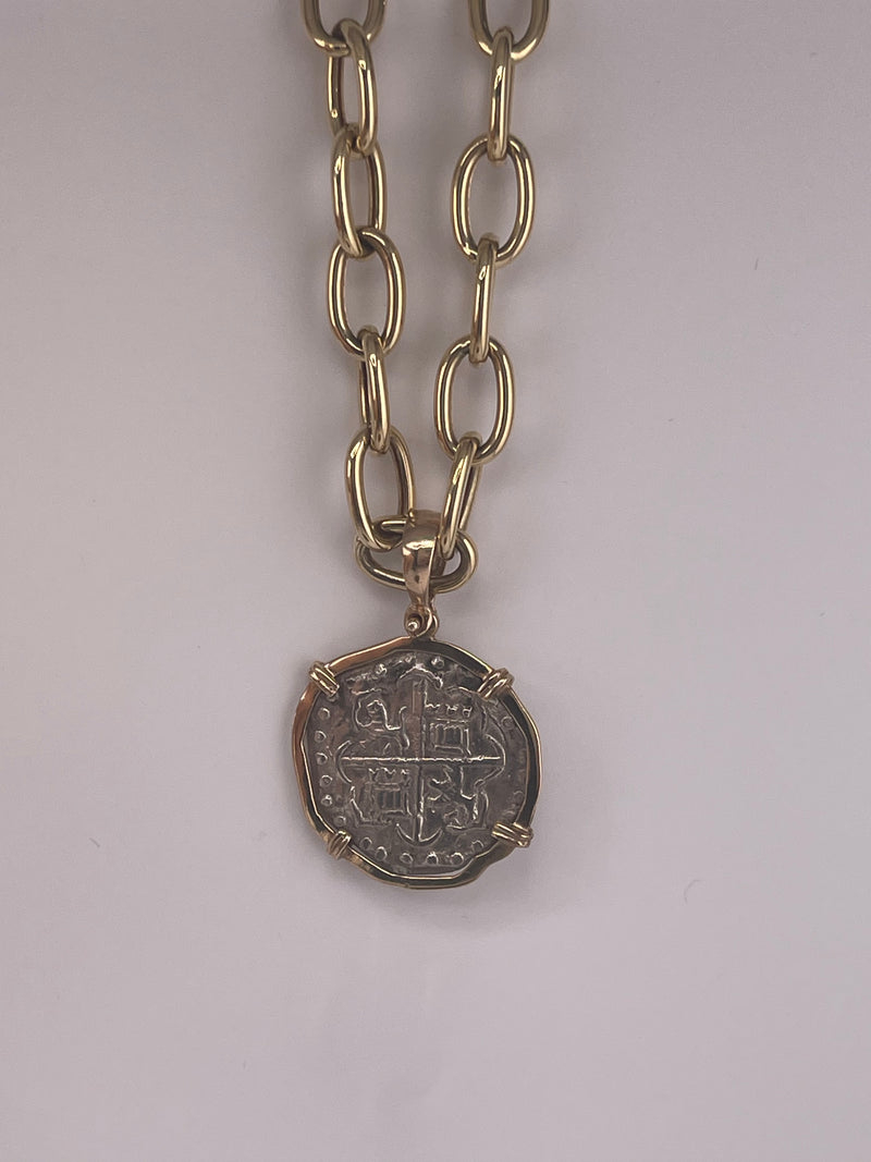 NUESTRA SENORA DE ATOCHA SILVER COIN PENDANT IN 14KT SOLID GOLD BEZEL WITH 14K REAL GOLD CHAIN 18” LONG