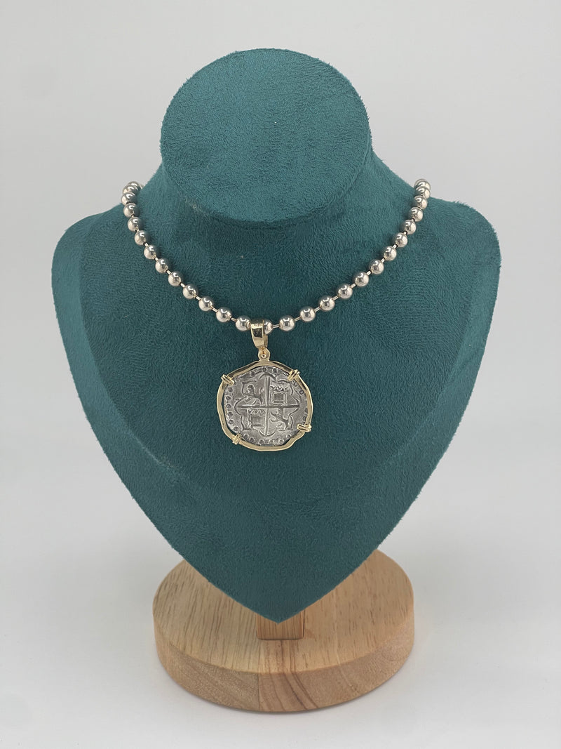 NUESTRA SENORA DE ATOCHA SILVER COIN PENDANT IN 14KT SOLID GOLD BEZEL WITH 925 STERLING SILVER BEAD CHAIN 18” LONG