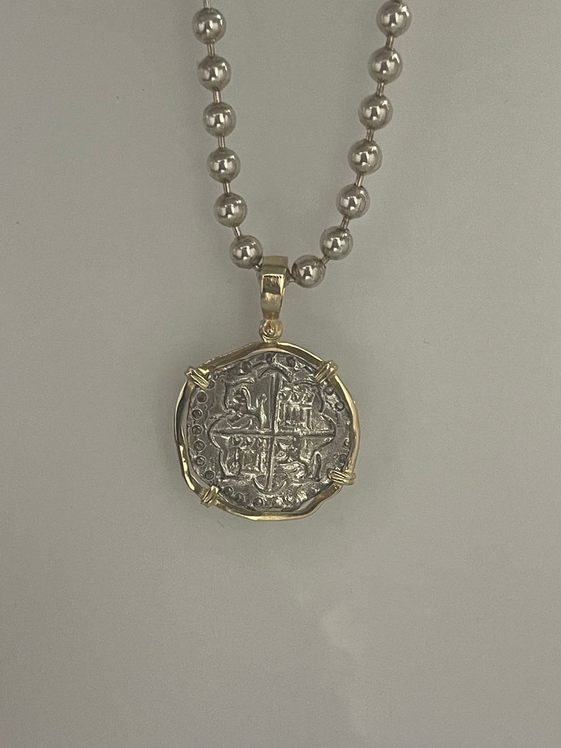 NUESTRA SENORA DE ATOCHA SILVER COIN PENDANT IN 14KT SOLID GOLD BEZEL WITH 925 STERLING SILVER BEAD CHAIN 18” LONG