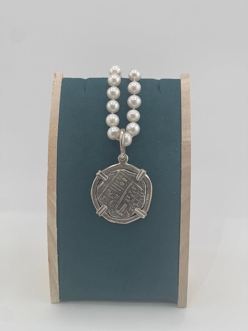 NUESTRA SENORA DE ATOCHA SILVER COIN PENDANT IN FRESH WATER PEARL NECKLACE 16” LONG