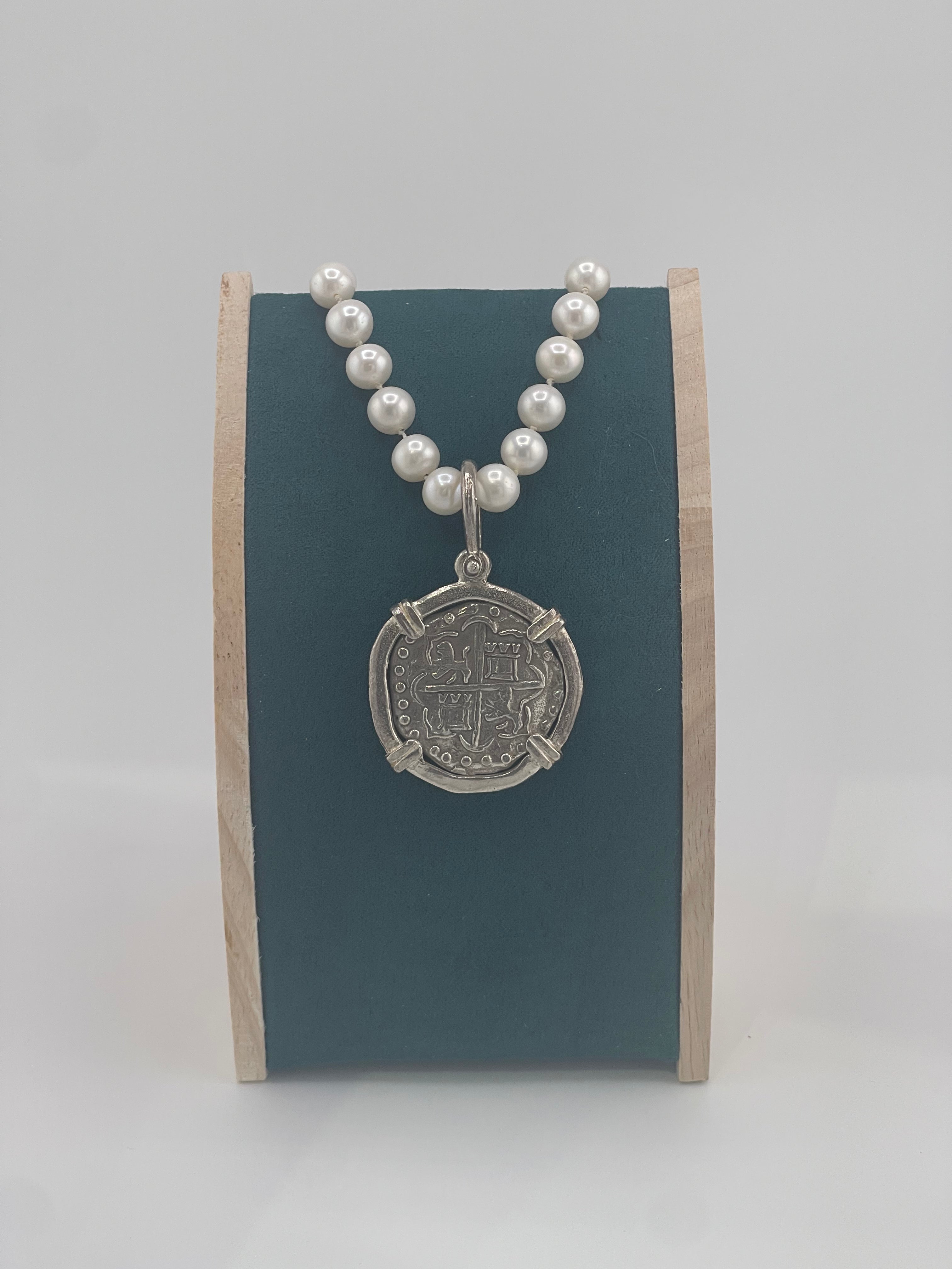 NUESTRA SENORA DE ATOCHA SILVER COIN PENDANT IN FRESH WATER PEARL NECKLACE 16” LONG