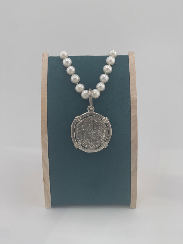 NUESTRA SENORA DE ATOCHA SILVER COIN PENDANT IN FRESH WATER PEARL NECKLACE 16” LONG