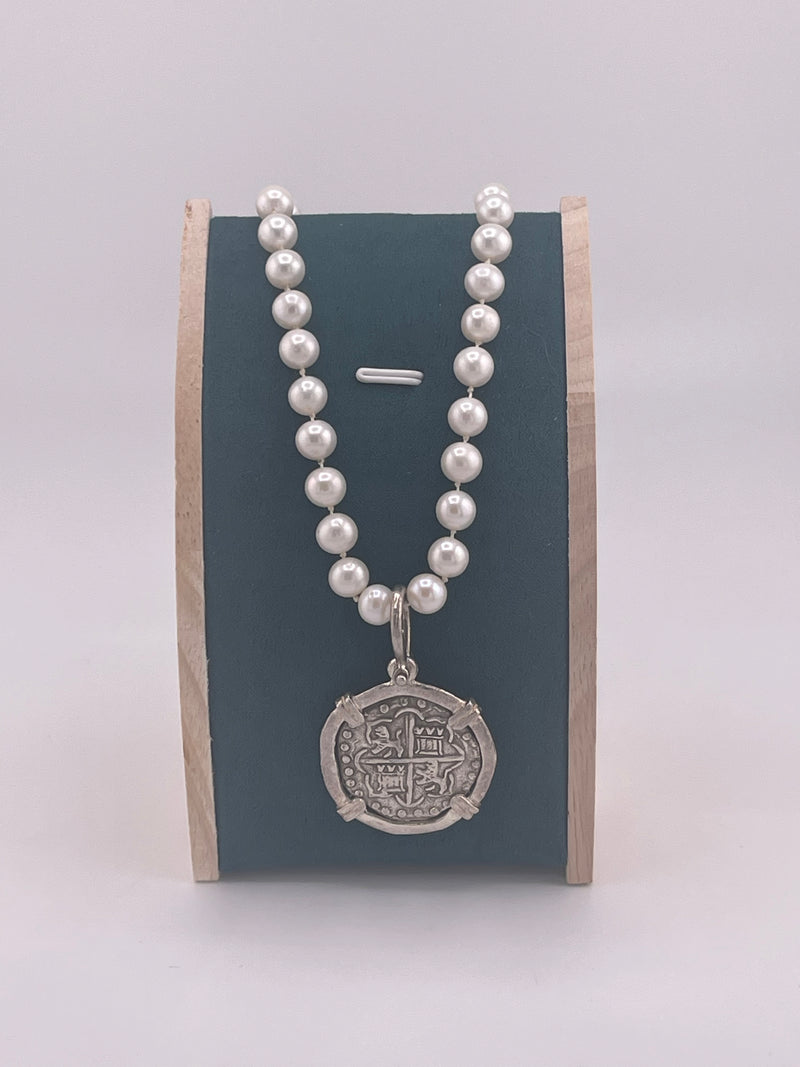 NUESTRA SENORA DE ATOCHA SILVER COIN PENDANT IN FRESH WATER PEARL NECKLACE 16” LONG