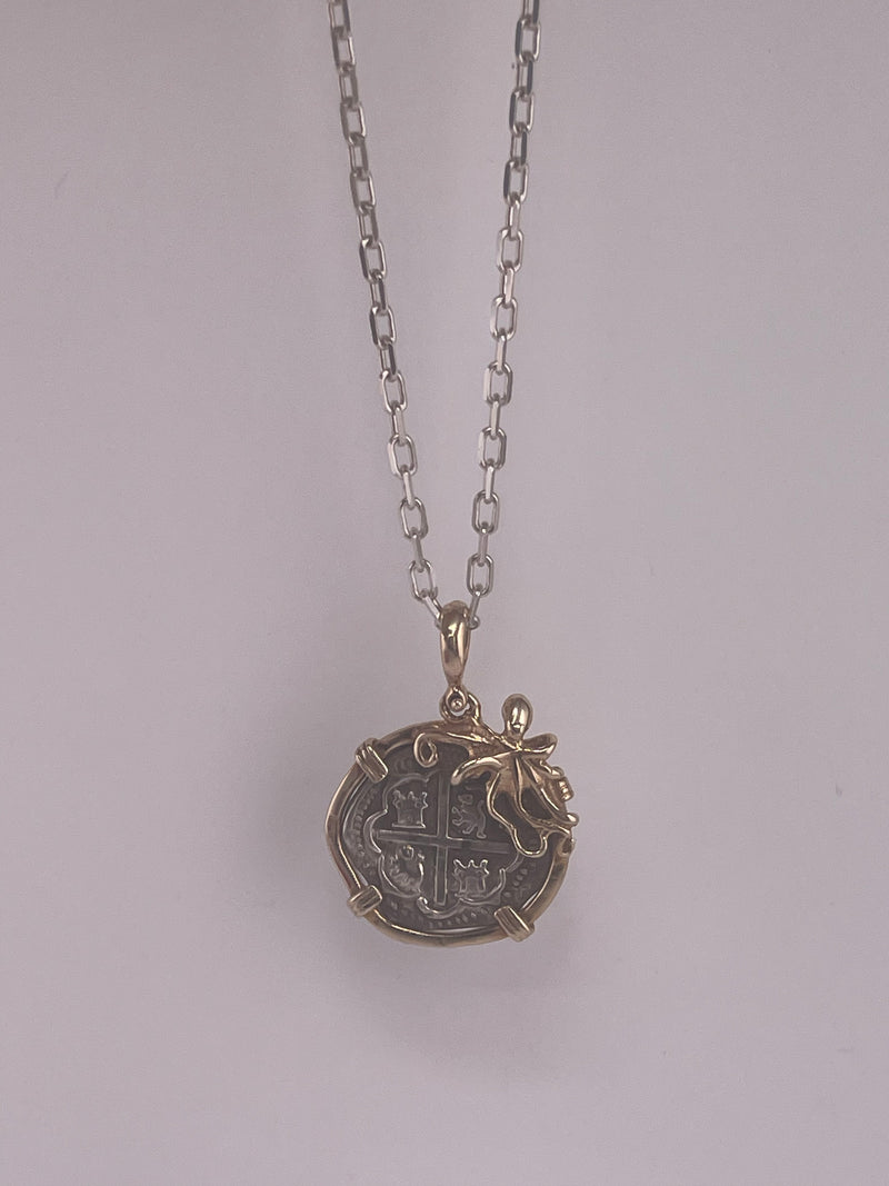 NUESTRA SENORA DE ATOCHA SILVER COIN PENDANT IN 14KT SOLID GOLD OCTOPUS BEZEL