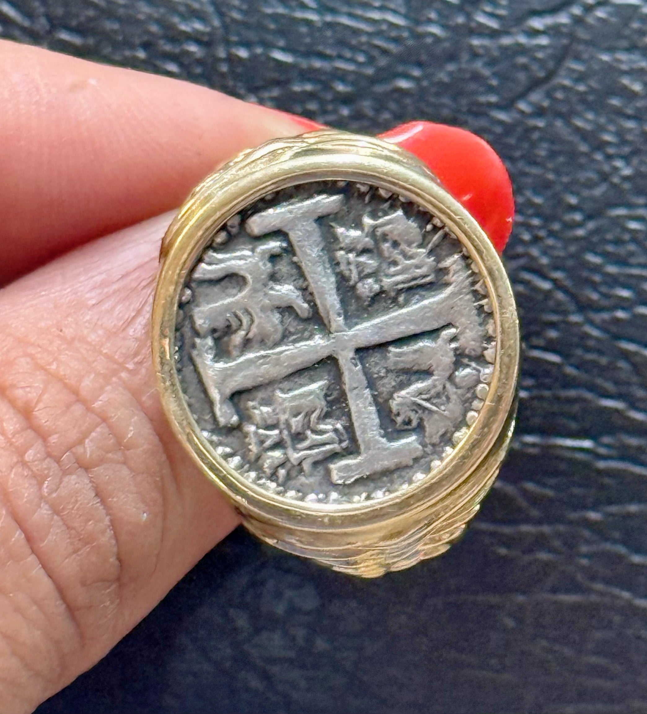 NUESTRA SENORA DE ATOCHA SILVER COIN RING IN 14k SOLID REAL GOLD BEZEL AND BAND