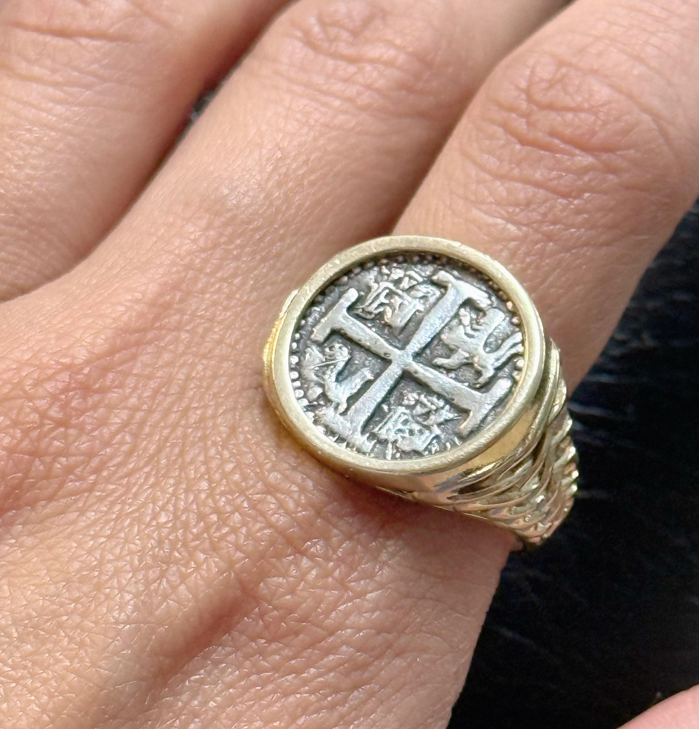 NUESTRA SENORA DE ATOCHA SILVER COIN RING IN 14k SOLID REAL GOLD BEZEL AND BAND