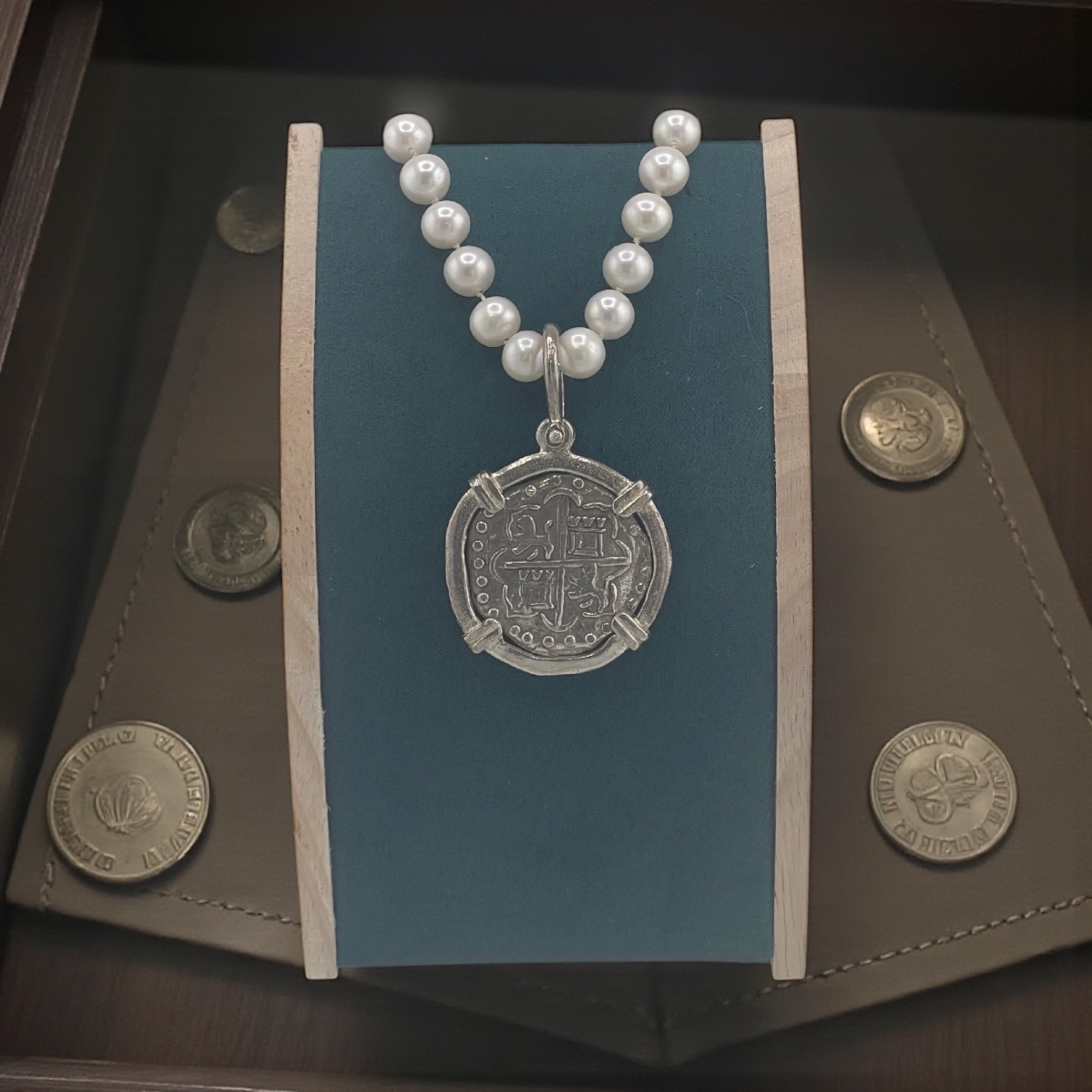 NUESTRA SENORA DE ATOCHA SILVER COIN PENDANT IN FRESH WATER PEARL NECKLACE 16” LONG