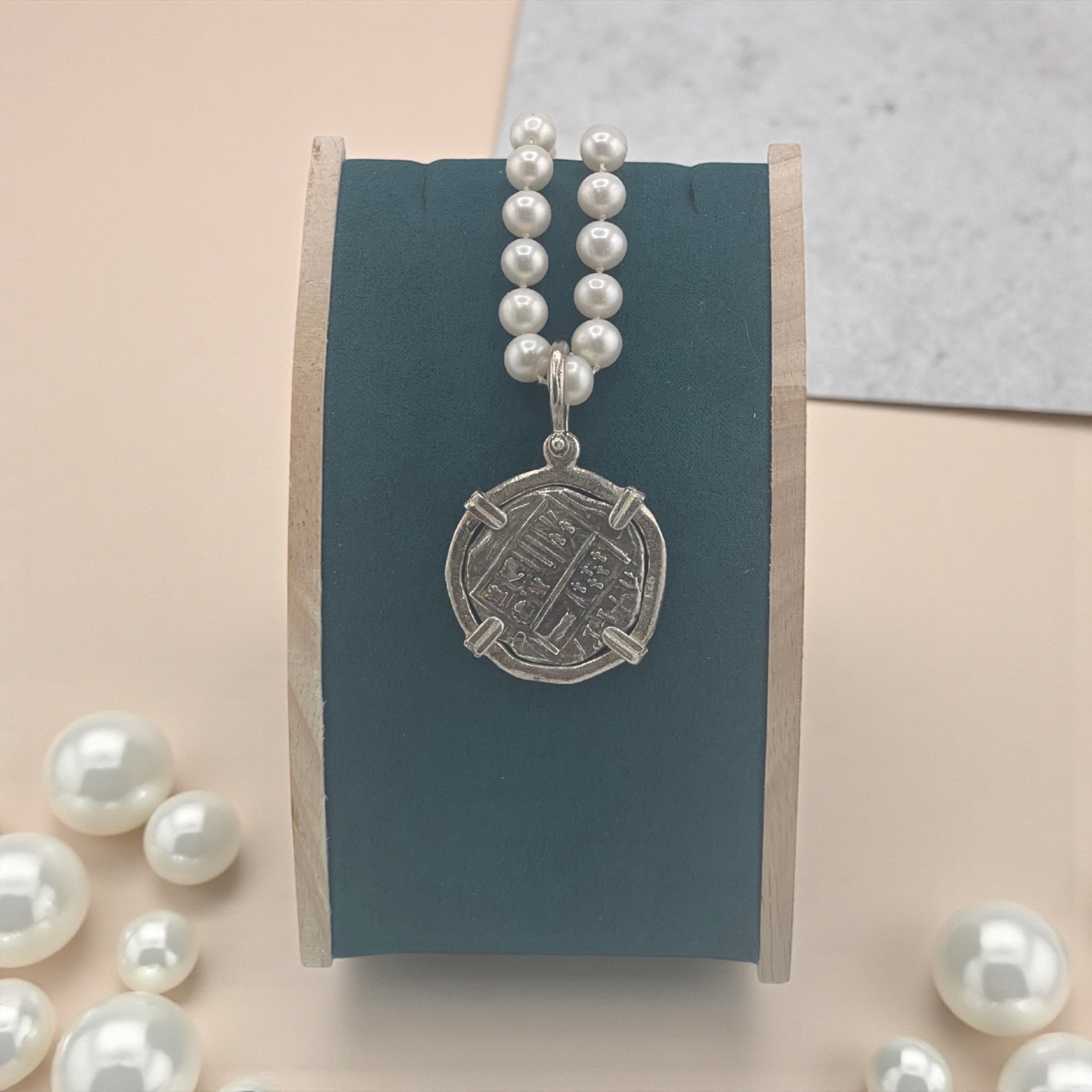 NUESTRA SENORA DE ATOCHA SILVER COIN PENDANT IN FRESH WATER PEARL NECKLACE 16” LONG