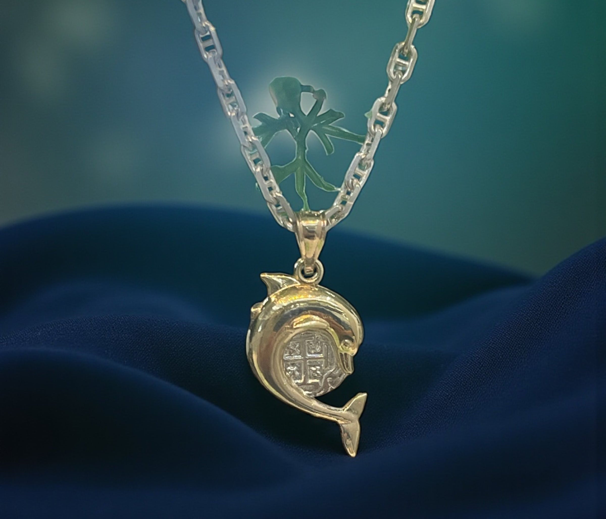 NUESTRA SENORA DE ATOCHA MINI SILVER COIN PENDANT IN 10K REAL GOLD FISH