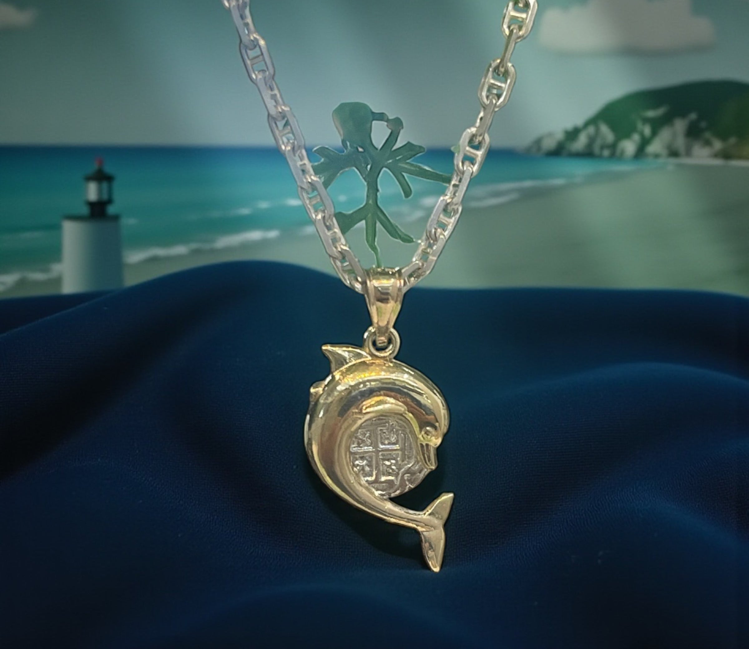 NUESTRA SENORA DE ATOCHA MINI SILVER COIN PENDANT IN 10K REAL GOLD FISH