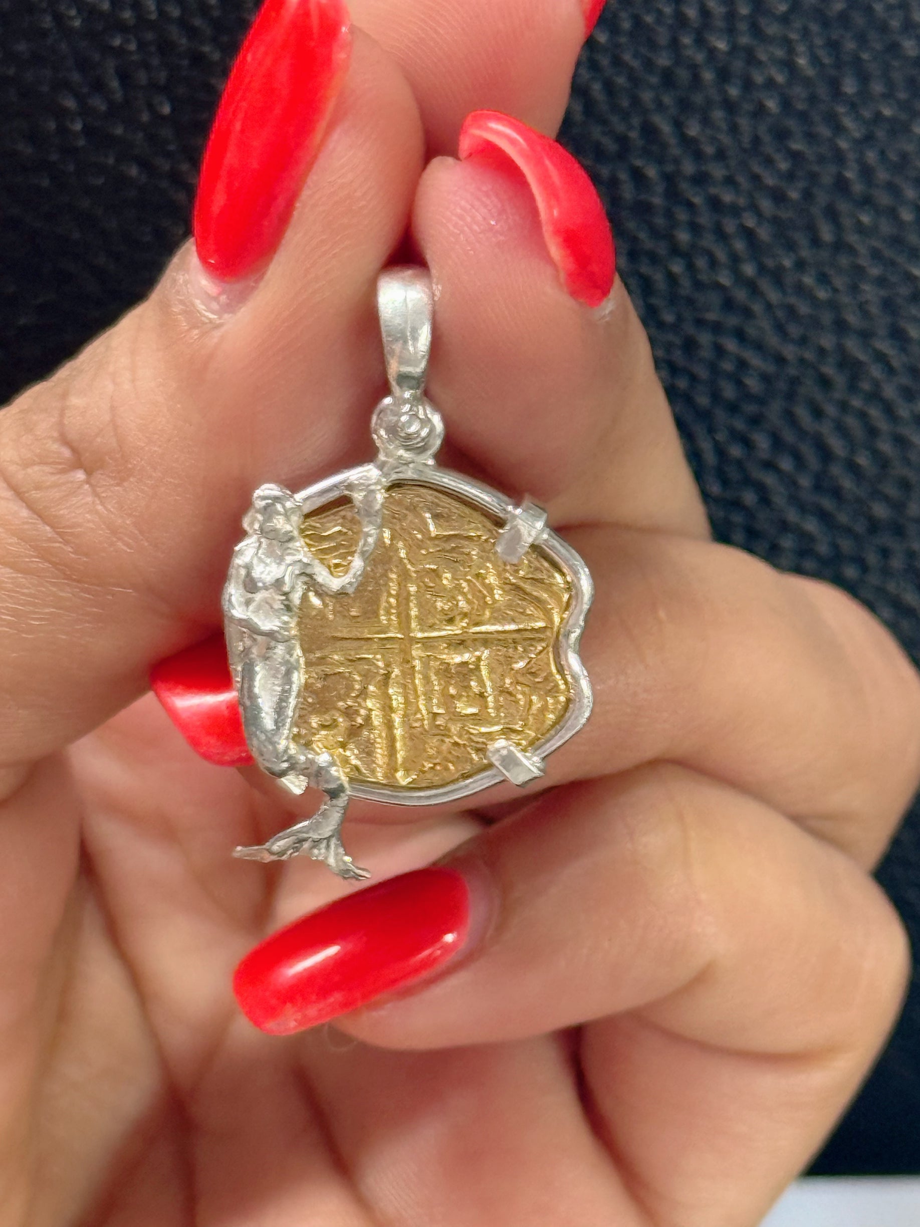 NUESTRA SENORA DE ATOCHA 14K REAL GOLD COIN PENDANT IN ATOCHA SILVER MERMAID 🧜‍♀️ BEZEL
