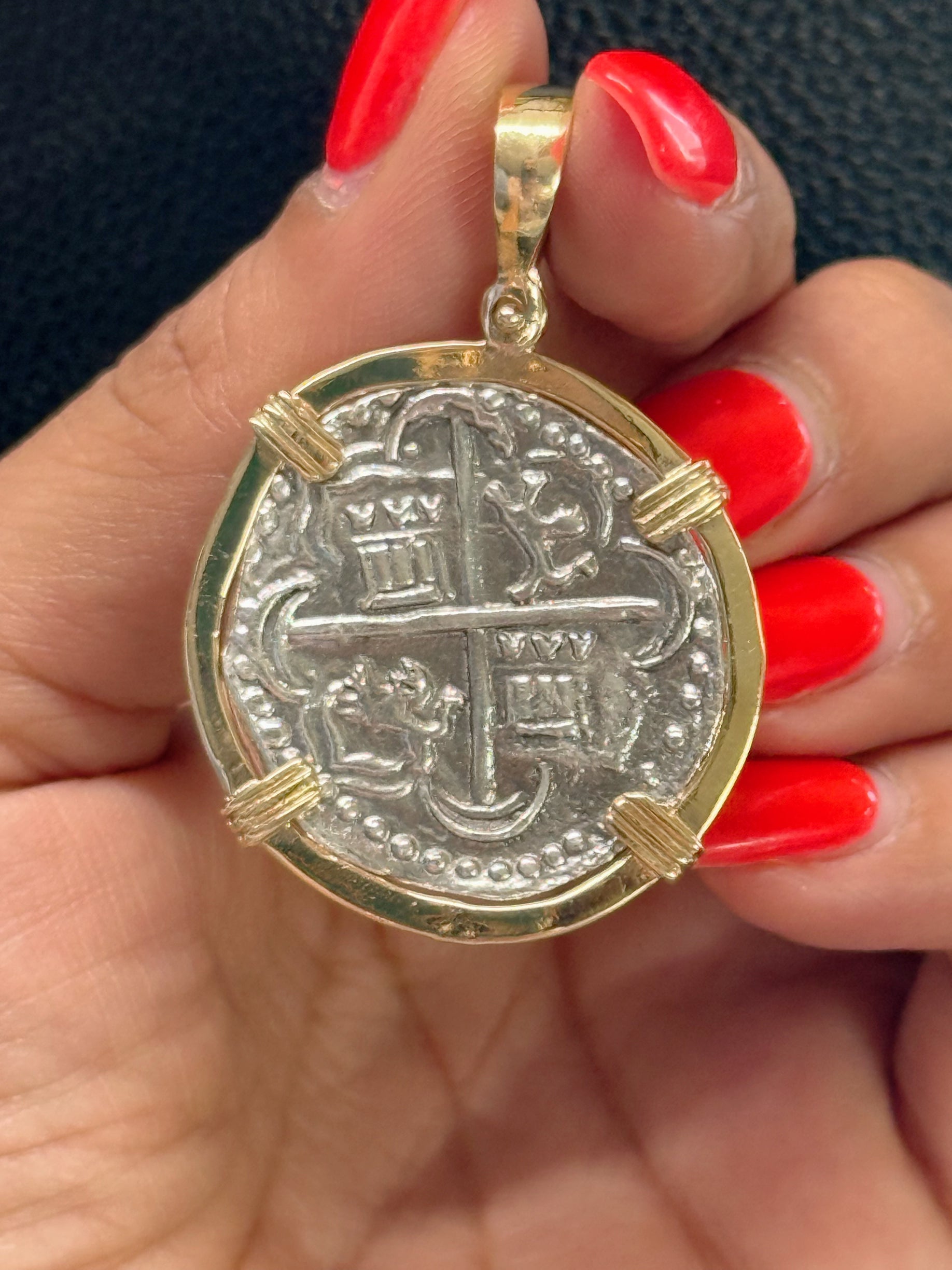 GORGEOUS ATOCHA SOLID SILVER SOLID COIN PENDANT IN 14K SOLID GOLD BEZEL