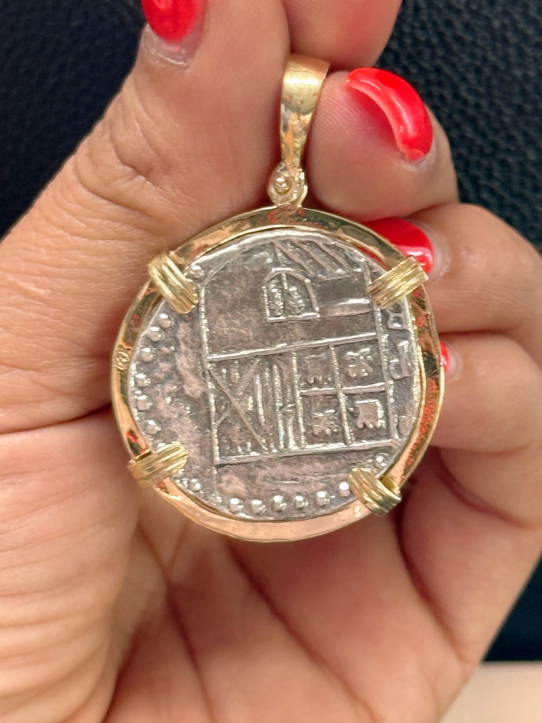 GORGEOUS ATOCHA SOLID SILVER SOLID COIN PENDANT IN 14K SOLID GOLD BEZEL