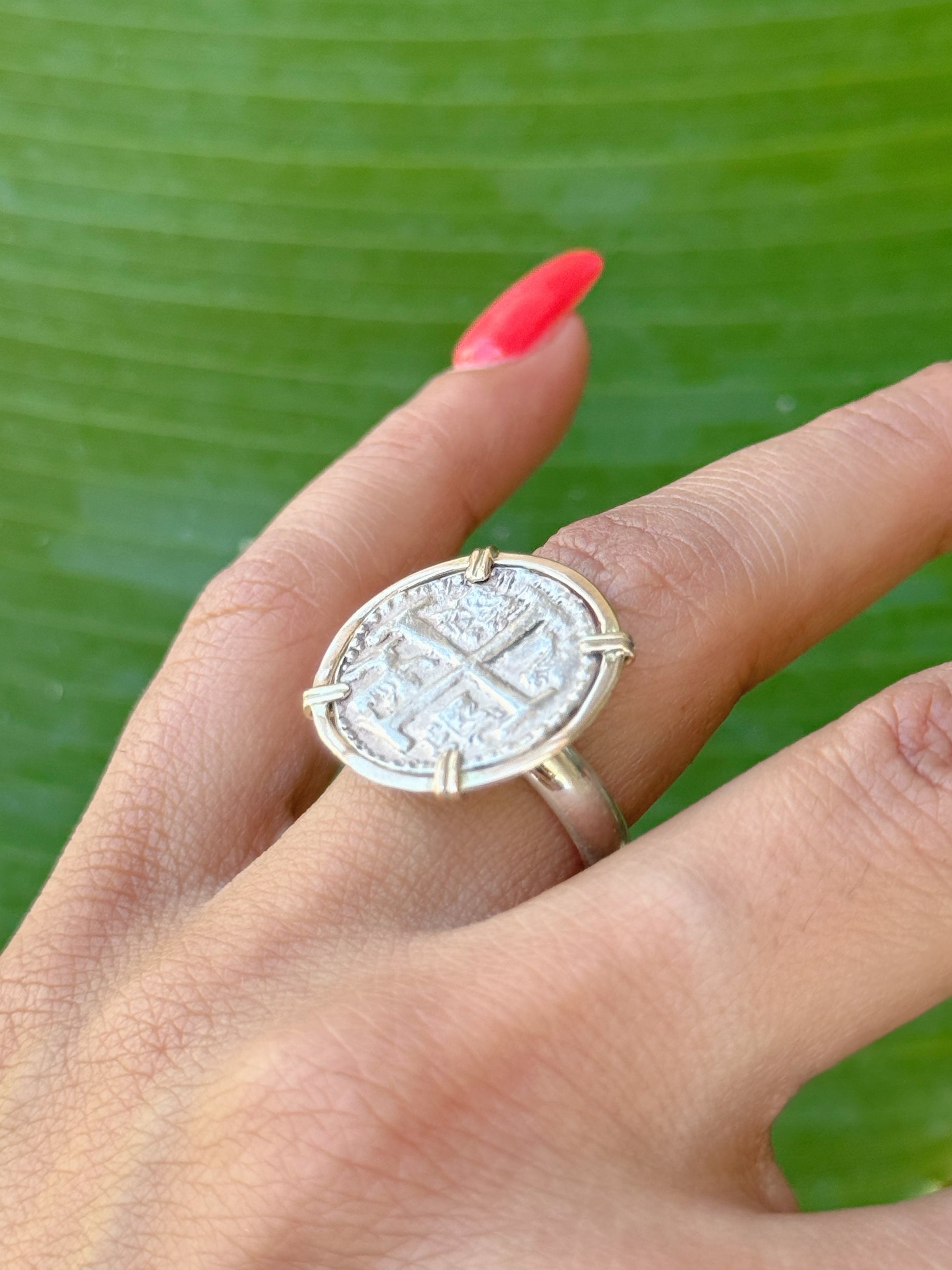 ATOCHA SILVER COIN RING IN 14k REAL GOLD BEZEL AND SILVER BAND