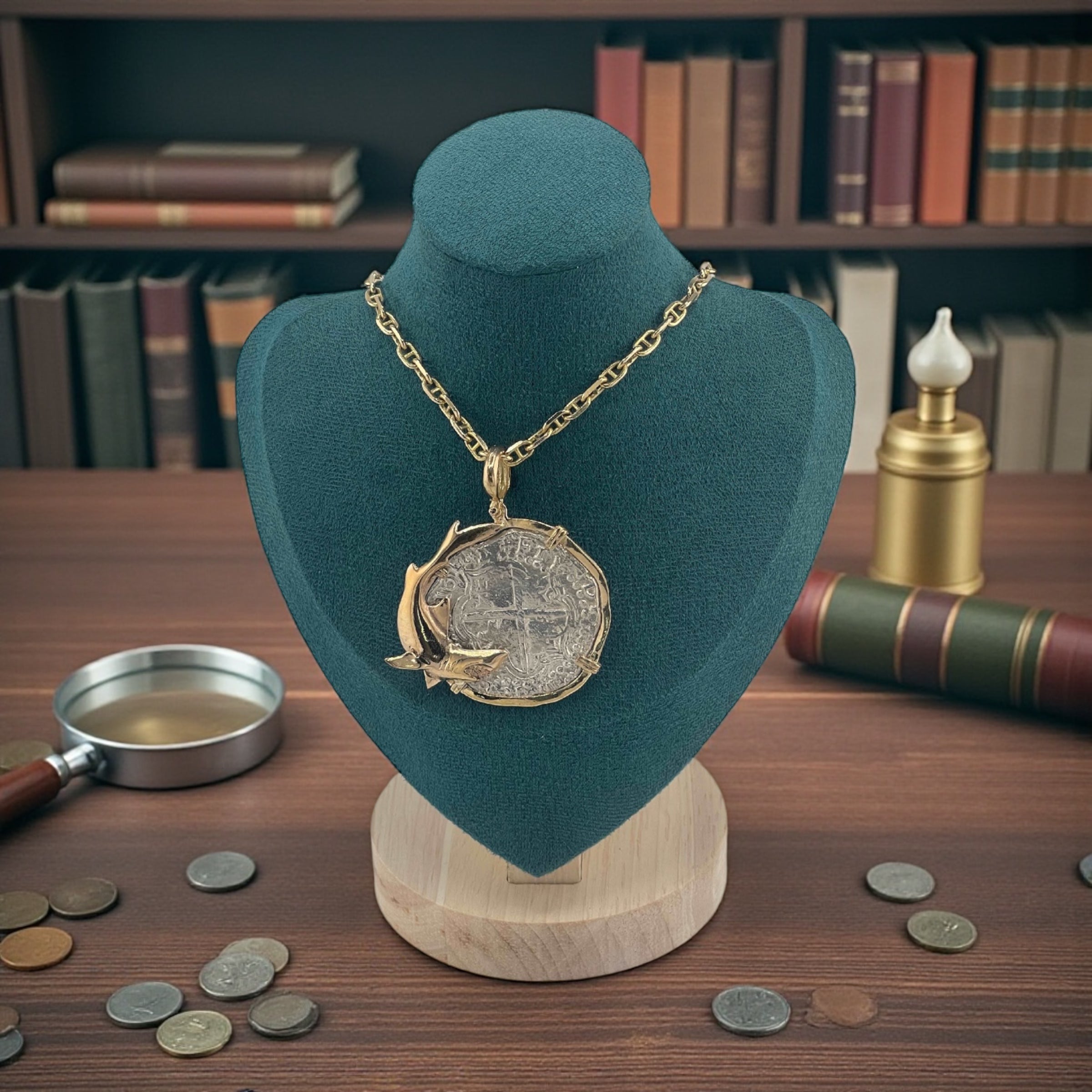 NUESTRA SENORA DE ATOCHA SOLID LARGE SILVER COIN PENDANT IN 14KT SOLID GOLD FISH BEZEL