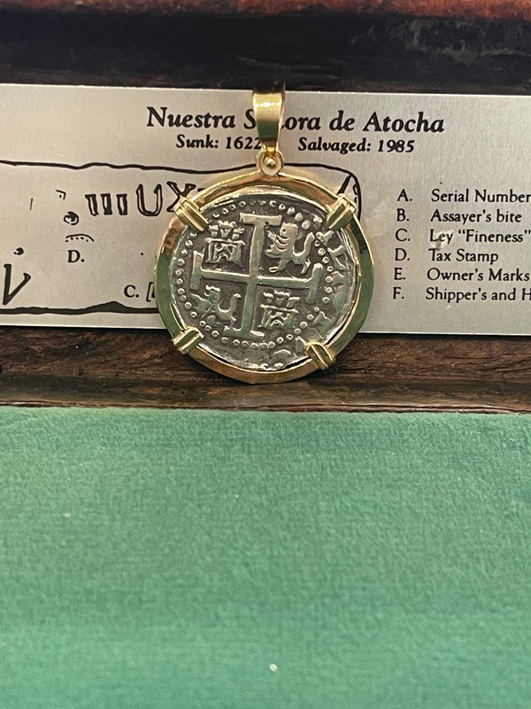 NUESTRA SENORA DE ATOCHA SILVER COIN PENDANT IN 14KT SOLID GOLD BEZEL HANDMADE WITH ATOCHA SILVER