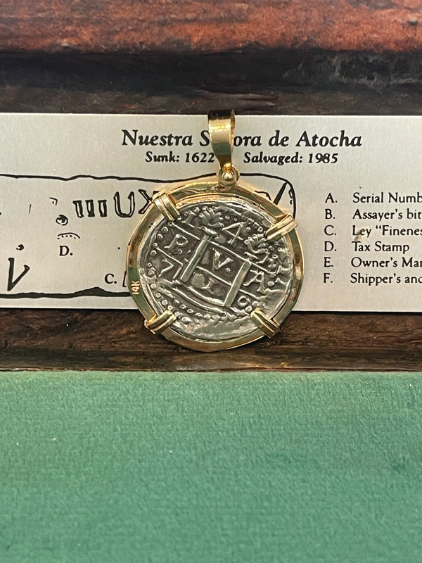 NUESTRA SENORA DE ATOCHA SILVER COIN PENDANT IN 14KT SOLID GOLD BEZEL HANDMADE WITH ATOCHA SILVER