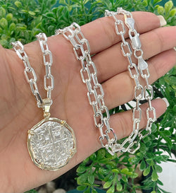 NUESTRA SENORA DE ATOCHA SOLID SILVER COIN PENDANT IN 14KT SOLID GOLD BEZEL