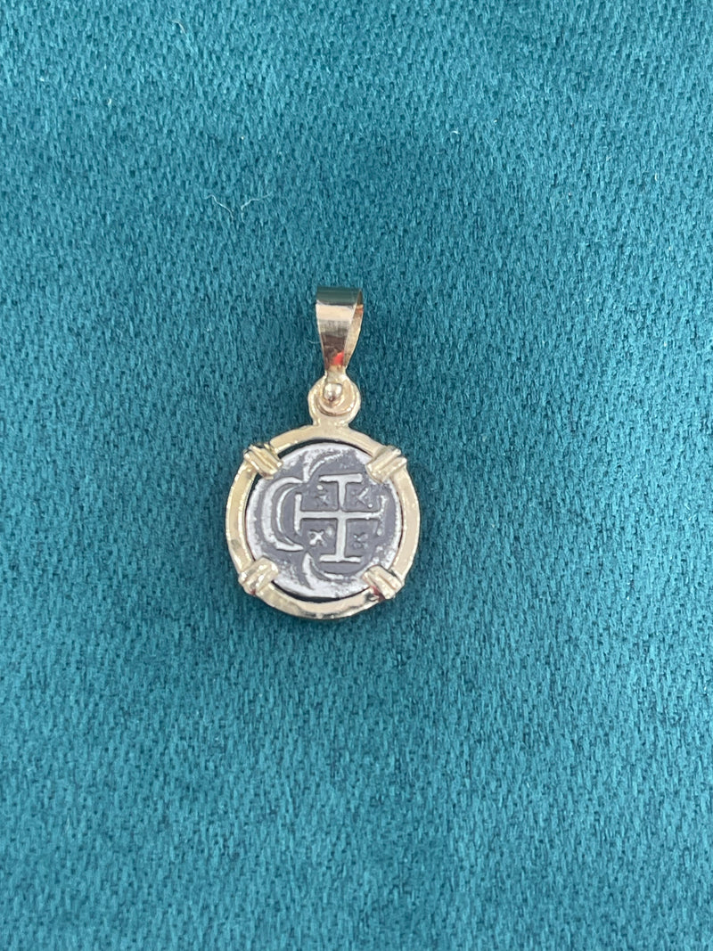 ATOCHA SILVER MINI COIN PENDANT  IN 14K REAL SOLID GOLD BEZEL