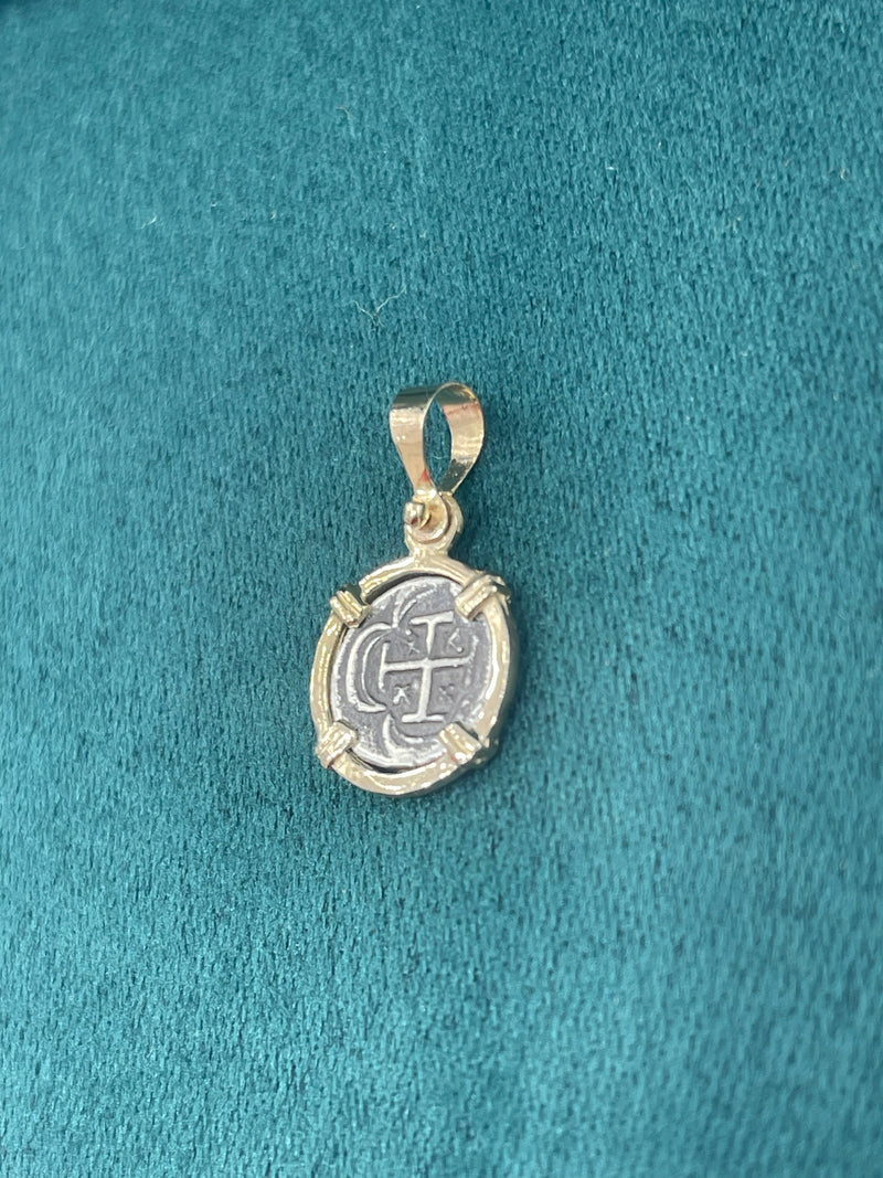 ATOCHA SILVER MINI COIN PENDANT  IN 14K REAL SOLID GOLD BEZEL