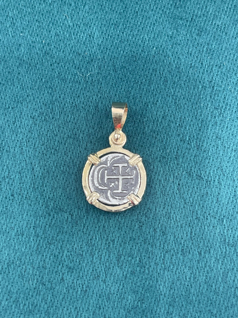 ATOCHA SILVER MINI COIN PENDANT  IN 14K REAL SOLID GOLD BEZEL