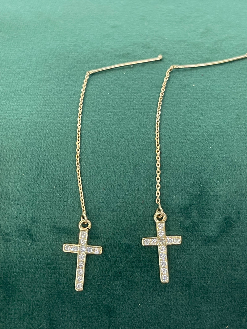 14K REAL GOLD CROSS THREAD EARRINGS.