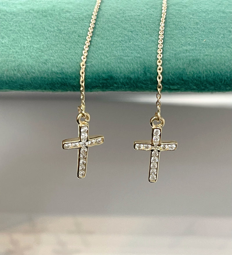 14K REAL GOLD CROSS THREAD EARRINGS.