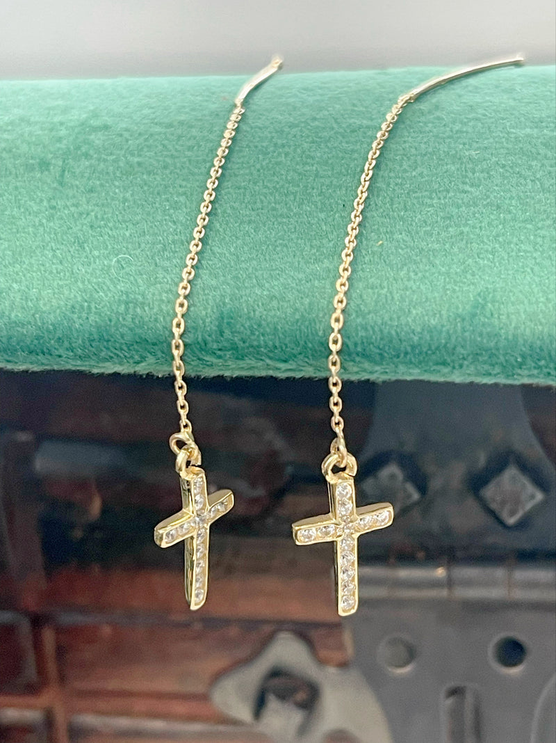 14K REAL GOLD CROSS THREAD EARRINGS.