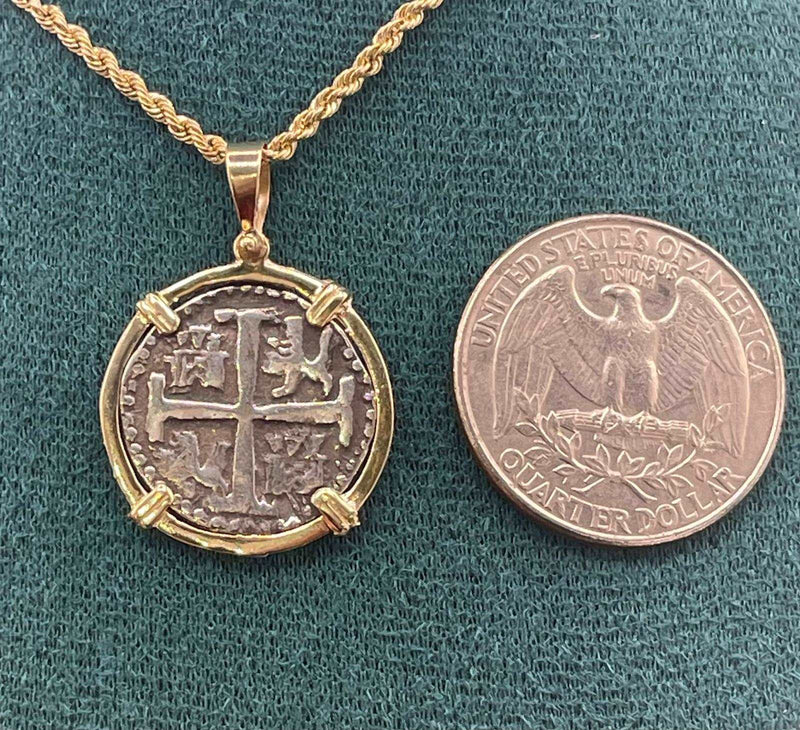 NUESTRA SENORA DE ATOCHA SILVER COIN PENDANT IN 14KT GOLD BEZEL