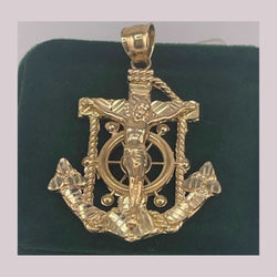 10K REAL GOLD ANCHOR SHIPS-WHEEL JESUS PENDANT.